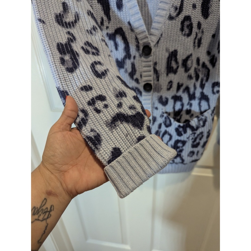 Coastal Preppy Leopard Cardigan 525 America Cotton Chunky Knit Quiet Luxury XS - Picture 5 of 9